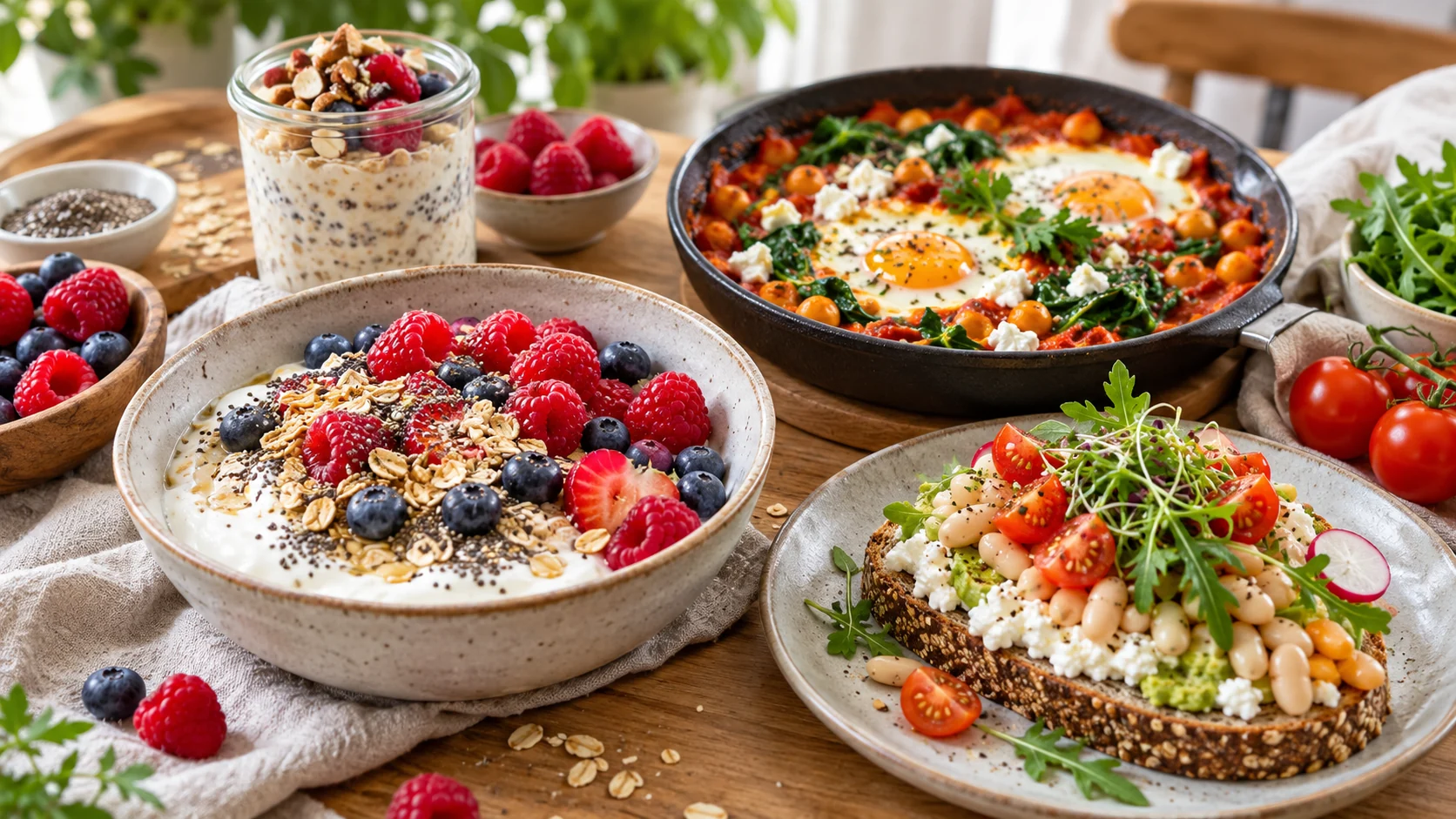 Proteinreiches ballaststoffreiches Frühstück mit Skyr, Haferflocken, Beeren, Eiern und Vollkorn