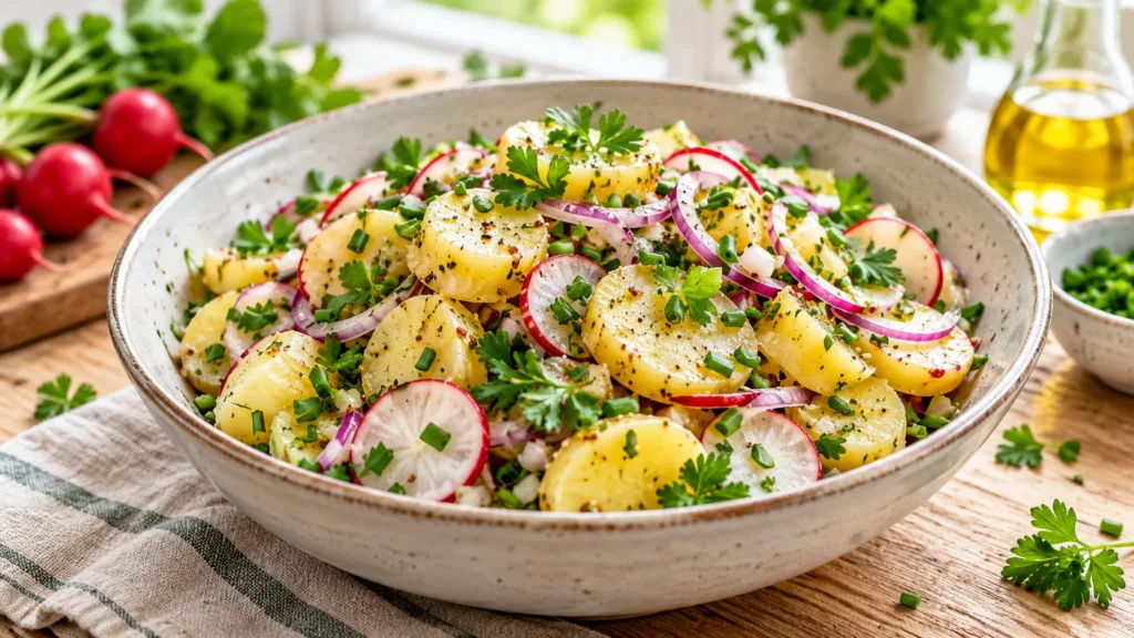 Kartoffelsalat mit gekochten und abgekühlten Kartoffeln, Radieschen und Kräutern