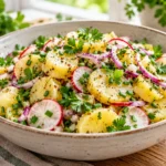 Kartoffelsalat mit gekochten und abgekühlten Kartoffeln, Radieschen und Kräutern