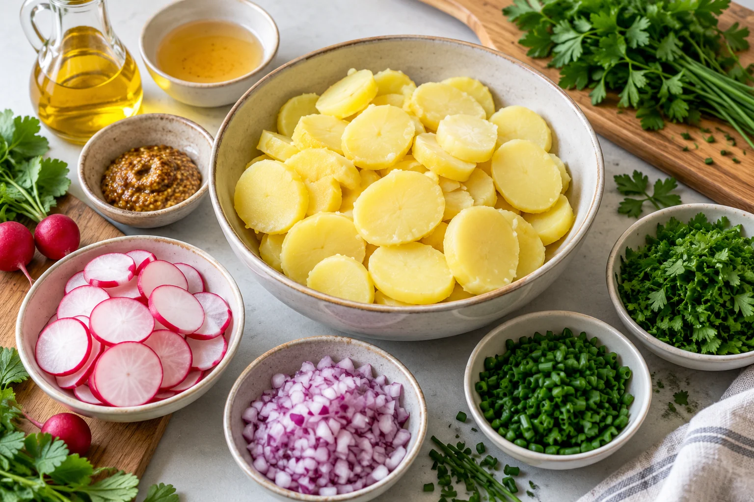 Abgekühlte Kartoffeln mit Essig, Senf, Radieschen, Zwiebeln und Kräutern