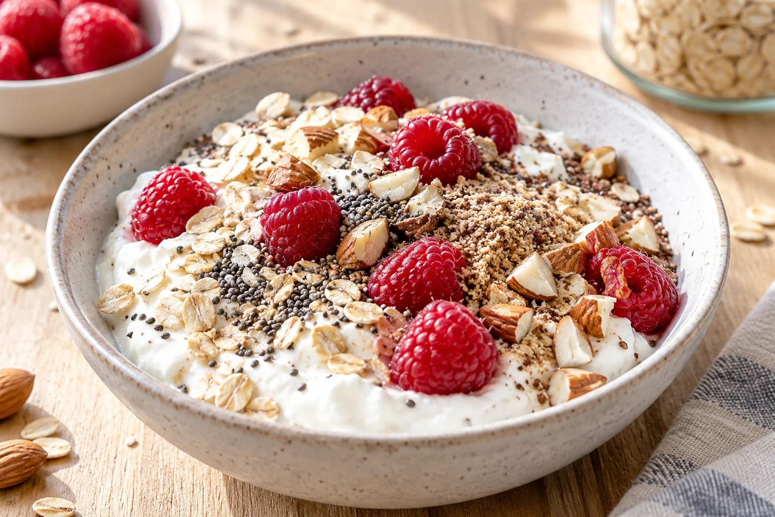 Skyr-Hafer-Beeren-Bowl mit Haferflocken, Himbeeren, Chiasamen und Leinsamen