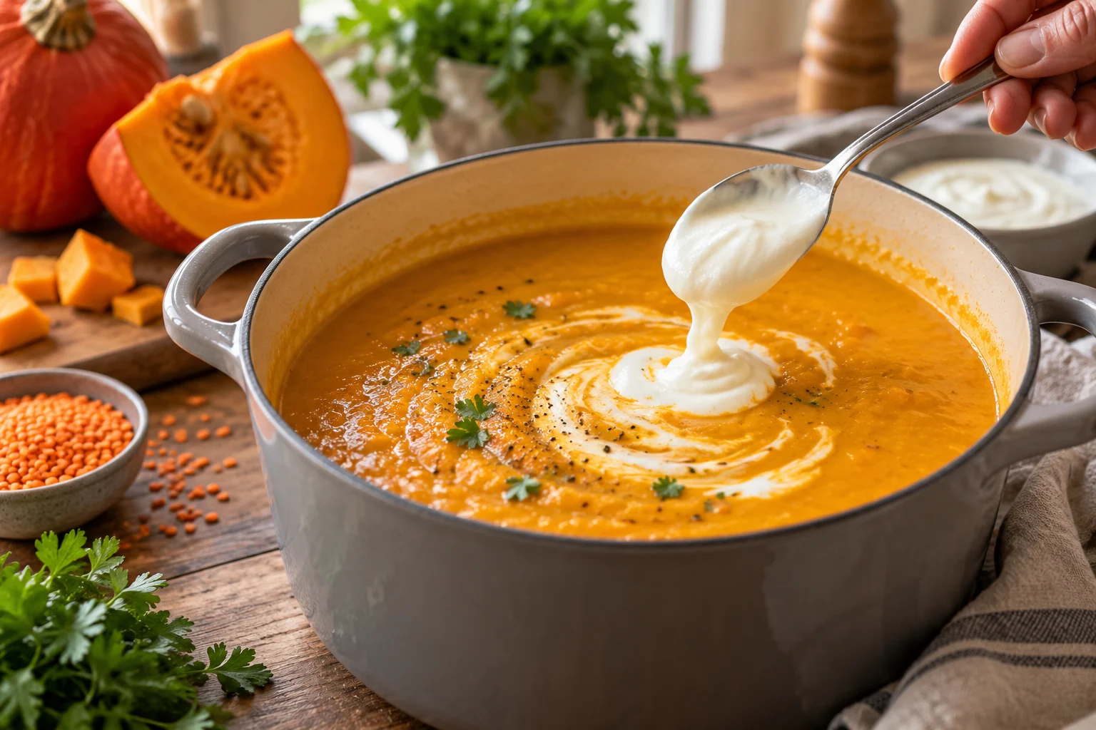 Skyr wird in die warme High Protein Kürbissuppe eingerührt
