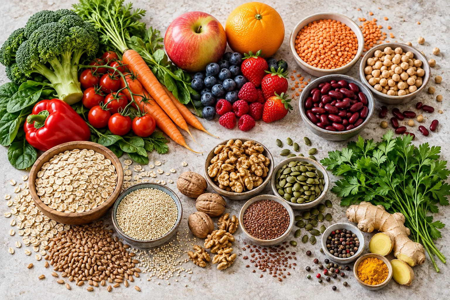 Gemüse, Obst, Hülsenfrüchte, Vollkorn, Nüsse und Samen für 30 Pflanzen pro Woche
