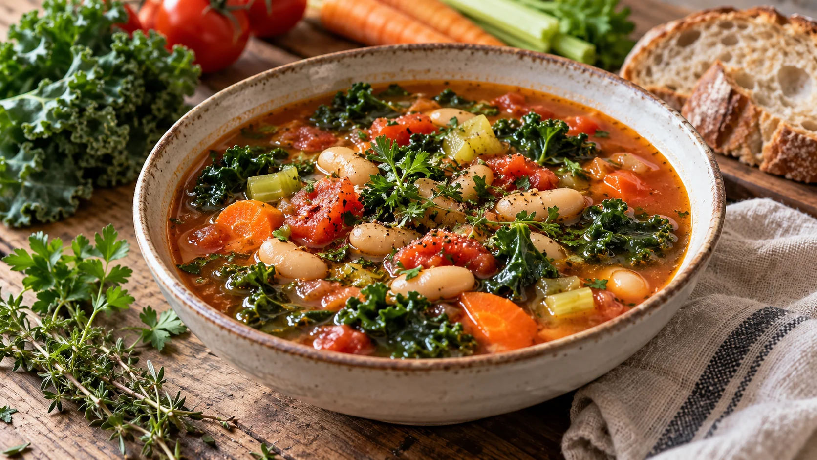Weiße Bohnensuppe mit Tomaten, Gemüse und Grünkohl