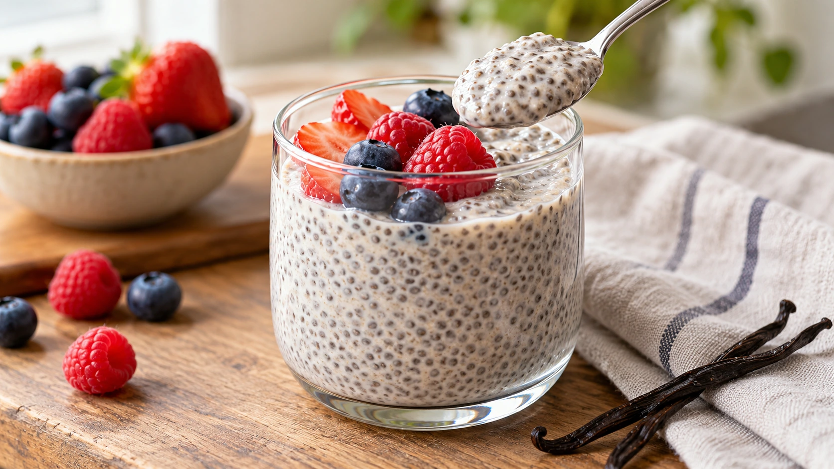 Chia Pudding mit Beeren in einem Glas