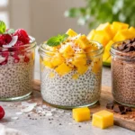 Mehrere Chia-Pudding-Varianten mit unterschiedlichen Toppings