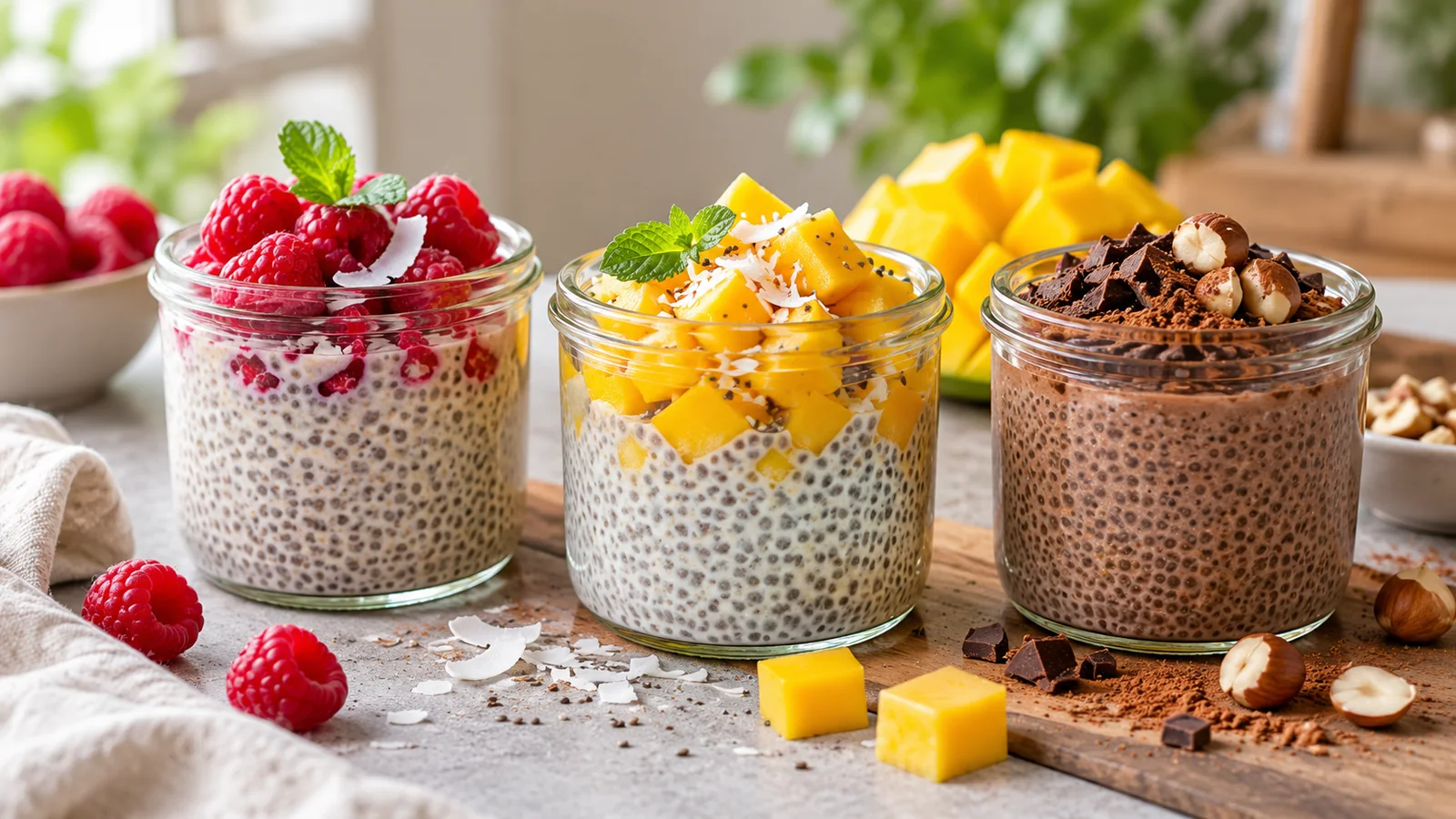 Mehrere Chia-Pudding-Varianten mit unterschiedlichen Toppings