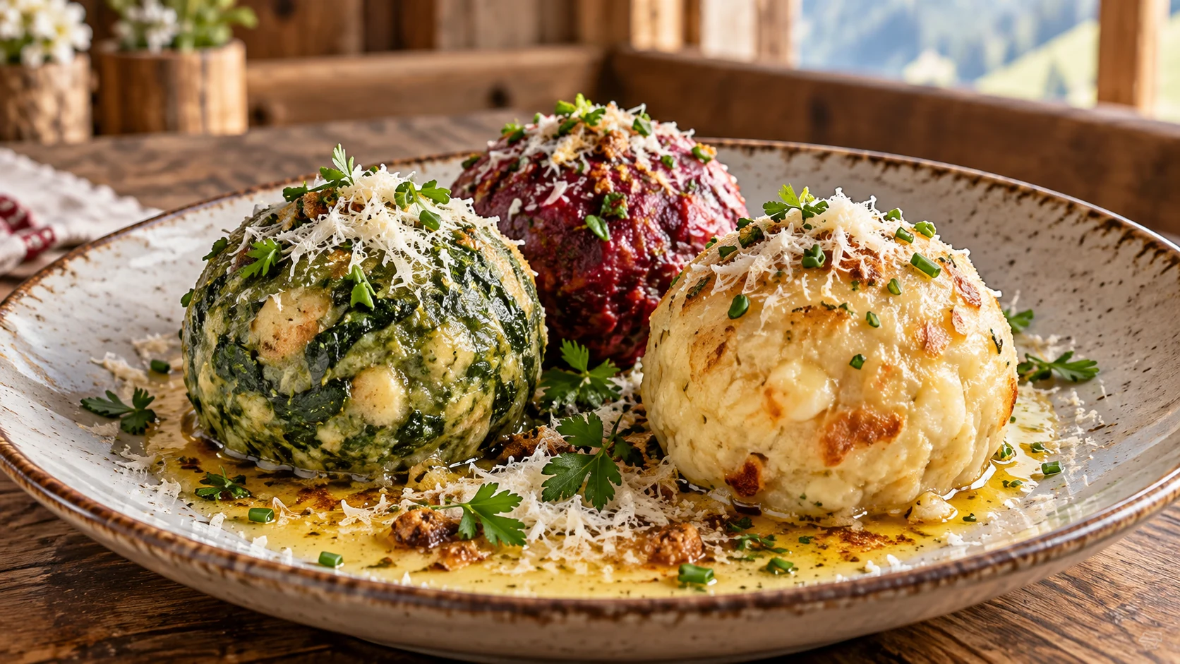Knödel-Trio mit Spinat Roter Bete Bergkäse Nussbutter und Parmesan