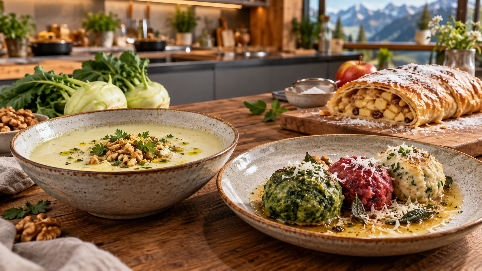 DAS! Kochstudio Rezepte mit Kohlrabi-Suppe, Knödel-Trio und Apfelstrudel
