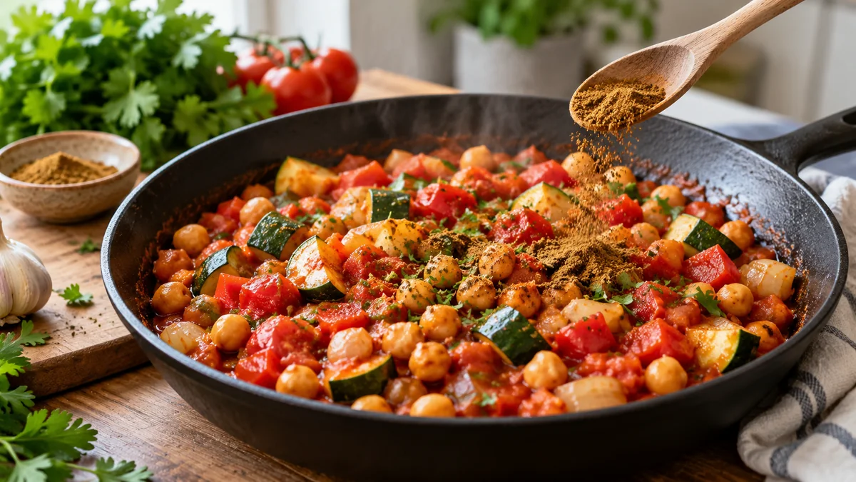 Kichererbsen und Gemüse mit Garam Masala in einer Pfanne