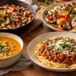 Auswahl verschiedener Abendessen mit Gemüse und frischen Zutaten