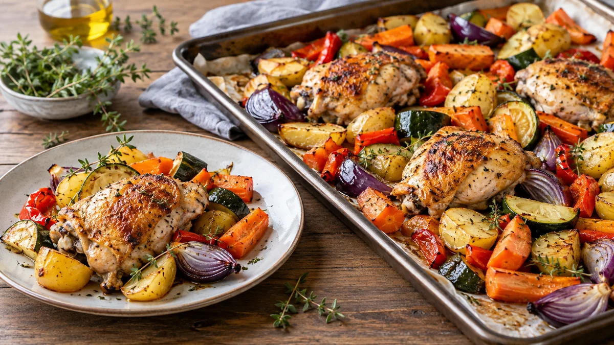 Hähnchen und buntes Ofengemüse als warmes Abendessen