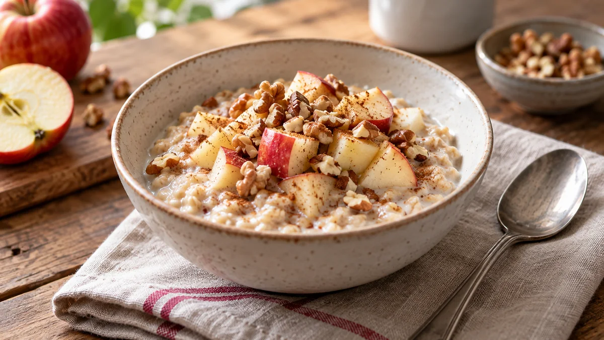 Warmes Porridge aus Haferflocken mit Apfelstücken