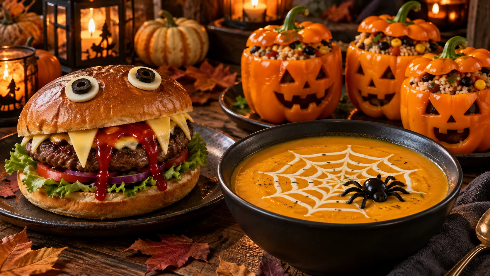 Halloween Hauptgerichte mit Burger Kürbissuppe und Monster-Paprika