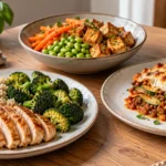 Verschiedene eiweißreiche Abendessen mit Gemüse und proteinreichen Zutaten
