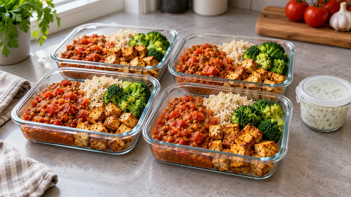 Vorbereitete proteinreiche Abendessen in Meal-Prep-Portionen