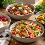 Verschiedene proteinreiche Gerichte für Frühstück, Mittag- und Abendessen