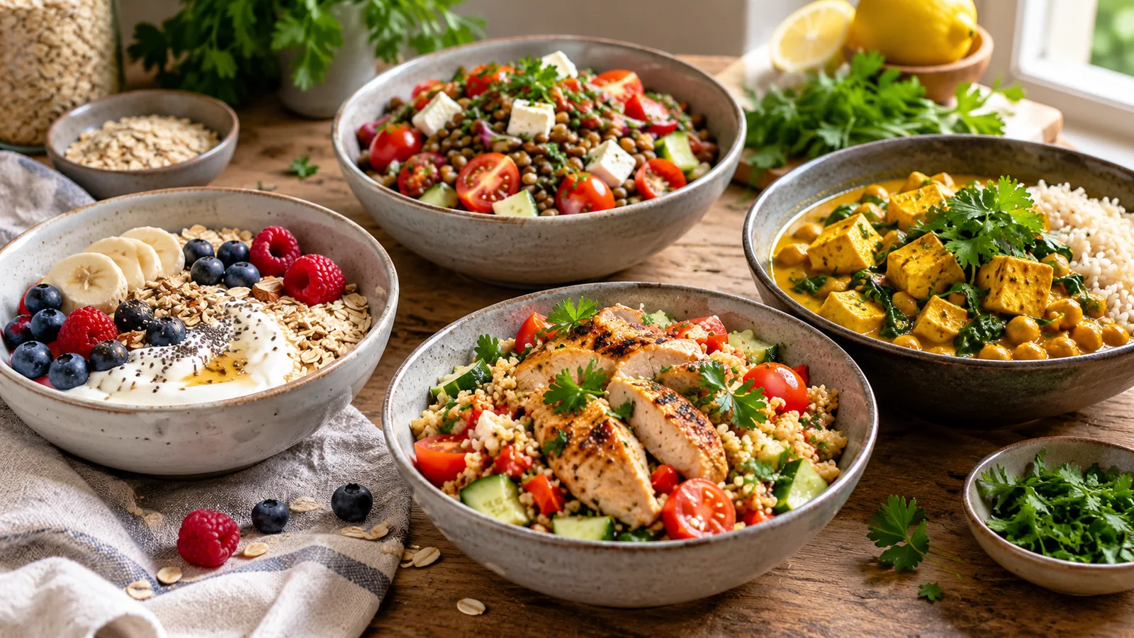 Verschiedene proteinreiche Gerichte für Frühstück, Mittag- und Abendessen