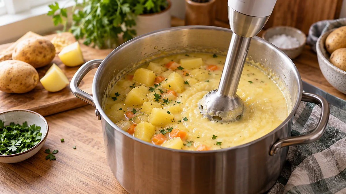 Ein Teil der Kartoffelsuppe wird im Topf püriert