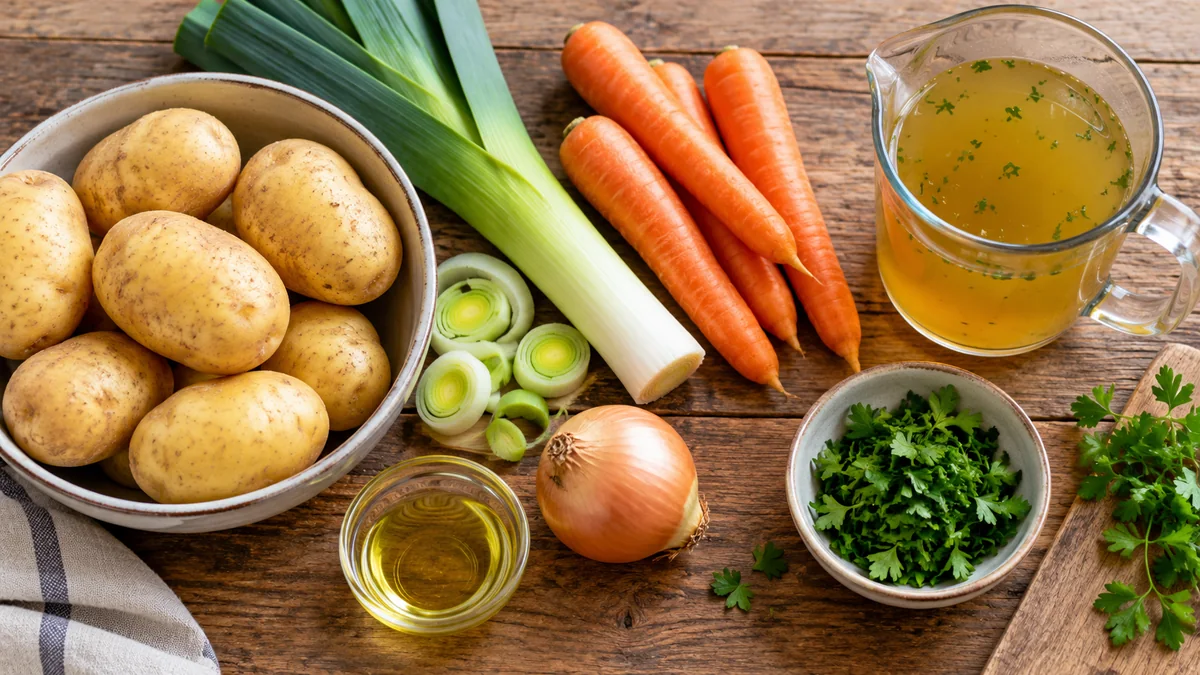 Kartoffeln, Gemüse und weitere Zutaten für Kartoffelsuppe