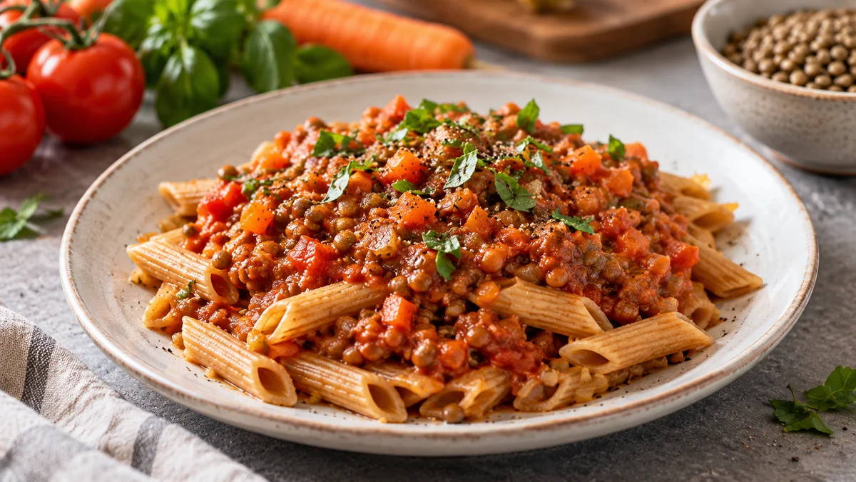 Vollkornnudeln mit vegetarischer Linsen-Bolognese