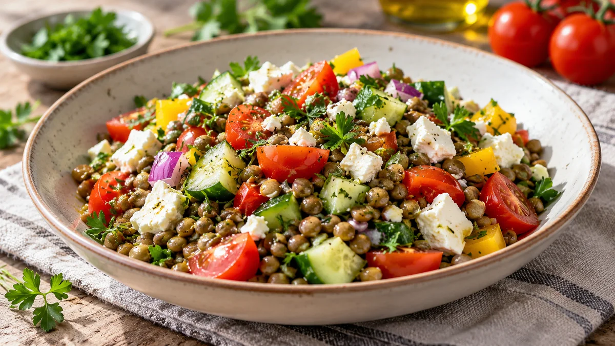 Bowl mit Linsen, Feta und Gemüse