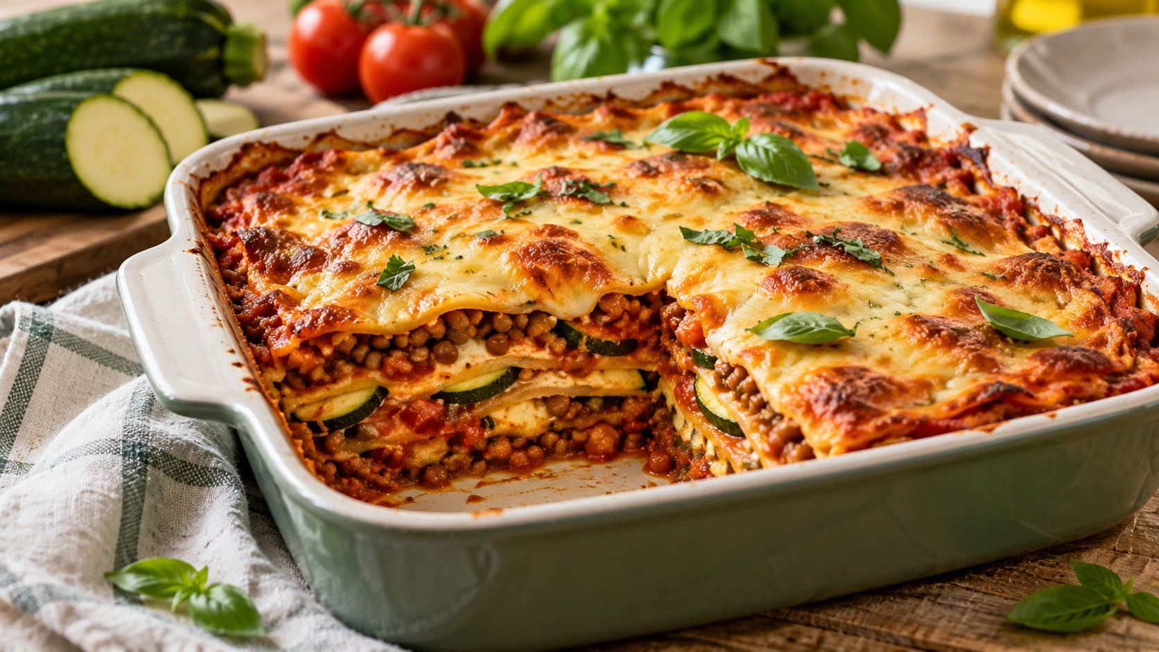 Linsen-Zucchini-Lasagne mit Quark als eiweißreiches Abendessen