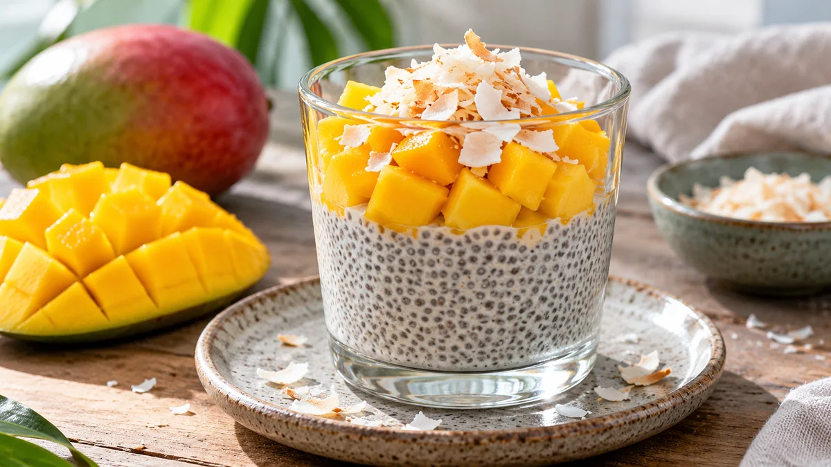 Chia Pudding mit Mango und Kokos