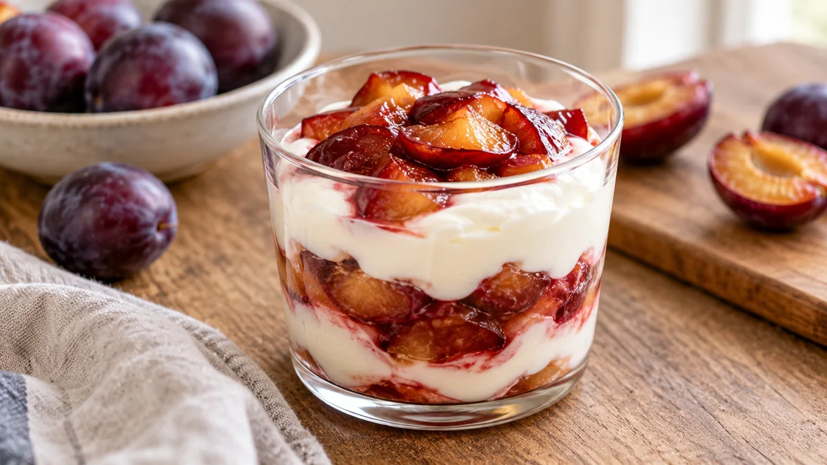 Cremiges Dessert aus Quark mit Pflaumen
