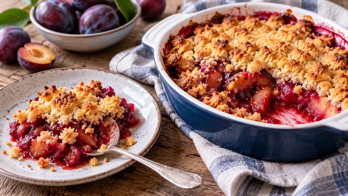 Gebackener Pflaumencrumble mit knusprigen Streuseln