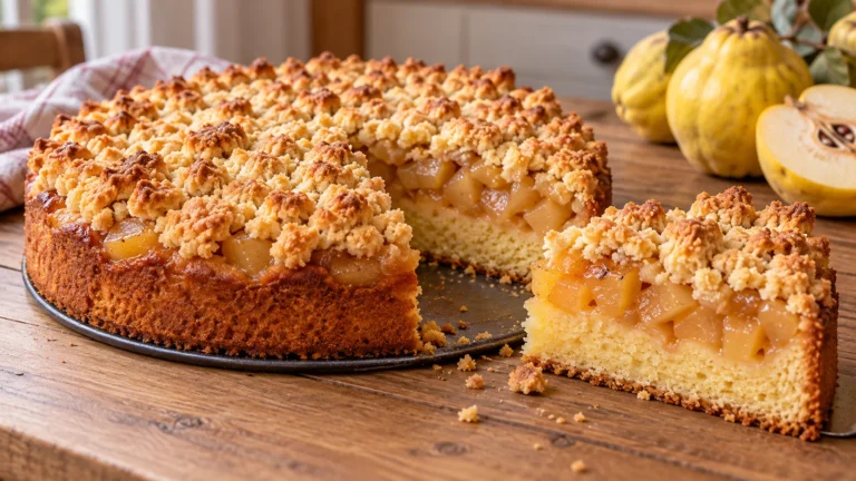 Quittenkuchen mit Streuseln auf einer Springform, ein Stück zeigt den Quittenbelag