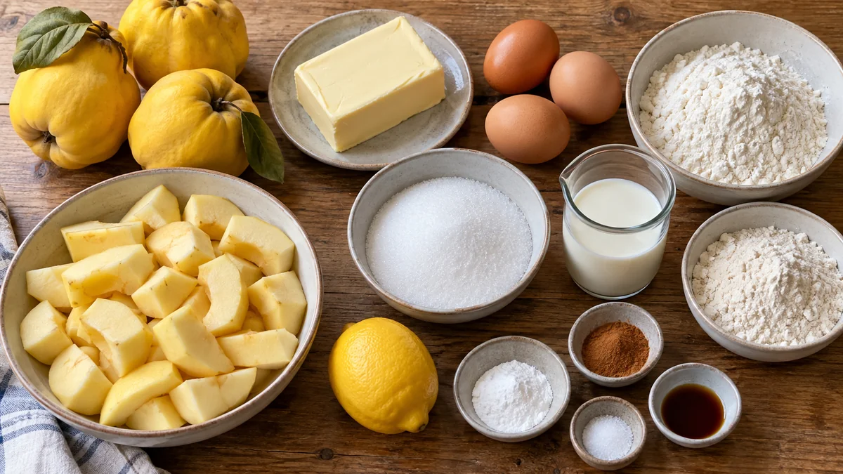 Quitten, Butter, Eier, Mehl, Zucker, Milch und weitere Zutaten für Quittenkuchen mit Streuseln