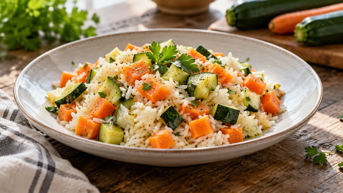 Pfannengericht mit Reis, Karotten und Zucchini