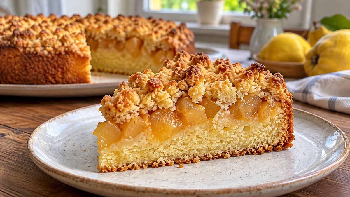 Angeschnittenes Stück Quittenkuchen mit lockerem Rührteig, goldgelben Quittenstücken und gebräunten Streuseln