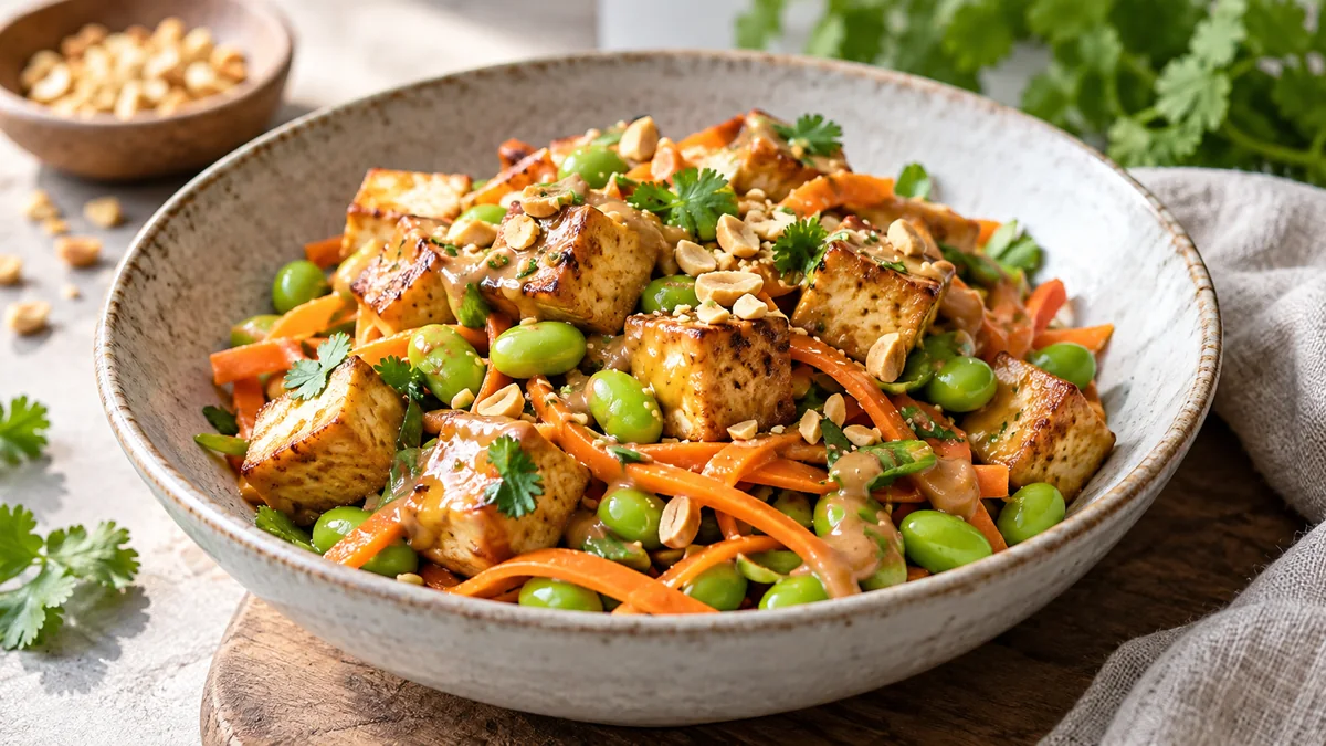 Tofu-Edamame-Pfanne mit Erdnüssen und Gemüse