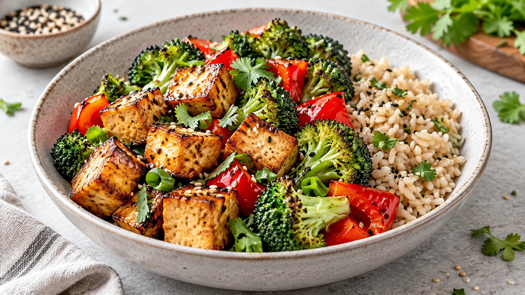 Vegetarische gesunde Airfryer Rezepte mit knusprigem Tofu und Gemüse