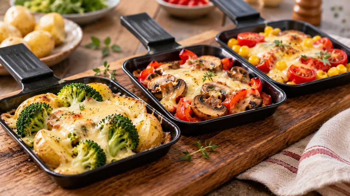 Vegetarisch belegte Raclette-Pfännchen mit Gemüse und Käse